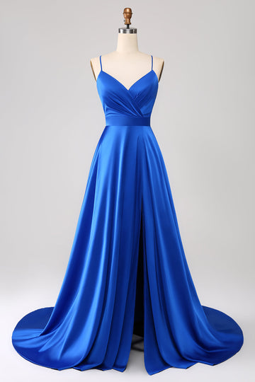 Royal Blue A Line Spaghetti Stropper Satin Prom Kjole med slids
